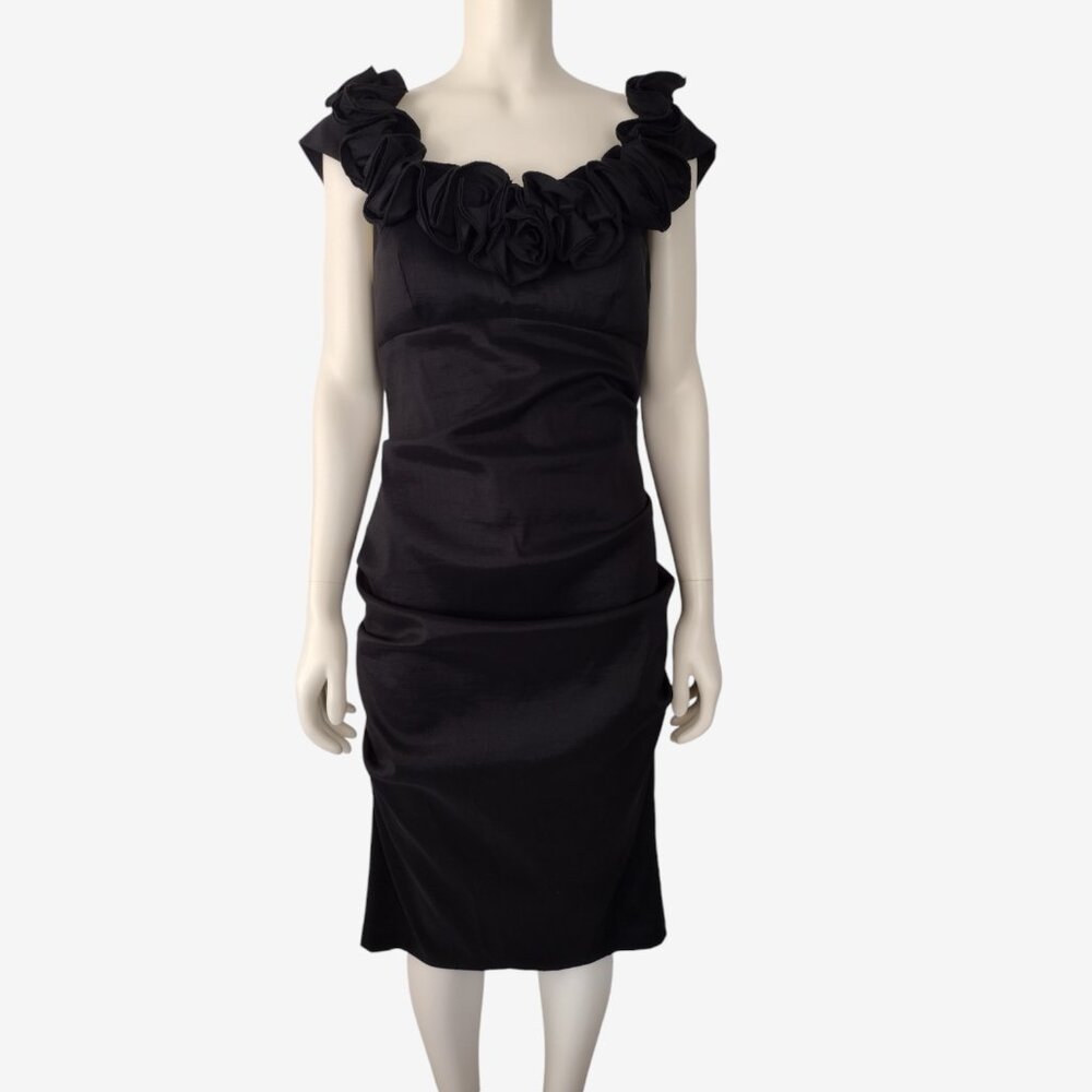 Vintage 1990s Black Empire Waist Ruched Fitted Cap Sleeve Midi Dress